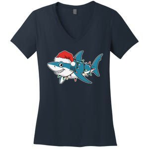 Santa Shark Christmas Lights Sharkmas Tree Xmas 2024 Women's V-Neck T-Shirt