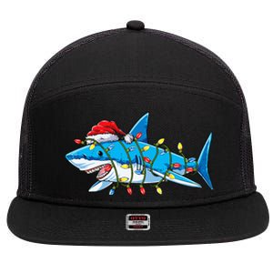 Santa Shark Christmas Lights Sharkmas Tree Xmas 7 Panel Mesh Trucker Snapback Hat