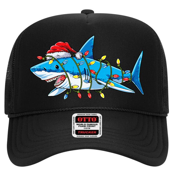 Santa Shark Christmas Lights Sharkmas Tree Xmas High Crown Mesh Back Trucker Hat