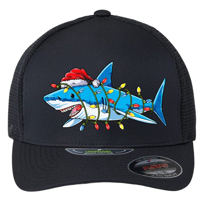 Santa Shark Christmas Lights Sharkmas Tree Xmas Flexfit Unipanel Trucker Cap