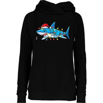 Santa Shark Christmas Lights Sharkmas Tree Xmas Womens Funnel Neck Pullover Hood