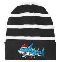 Santa Shark Christmas Lights Sharkmas Tree Xmas Striped Beanie with Solid Band