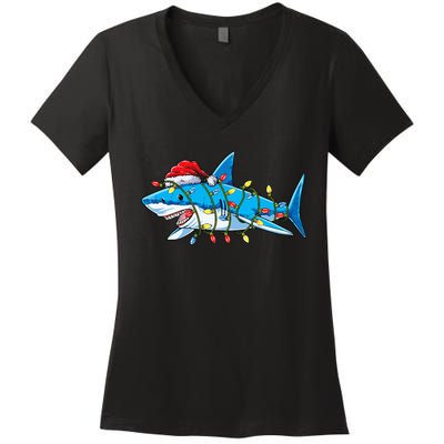 Santa Shark Christmas Lights Sharkmas Tree Xmas Women's V-Neck T-Shirt