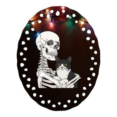 Spooky Skeleton Cat Costume Ceramic Oval Ornament