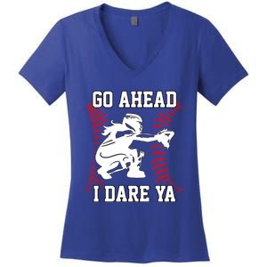 S Softball Catcher Funny N I Dare Ya Gift Women's V-Neck T-Shirt