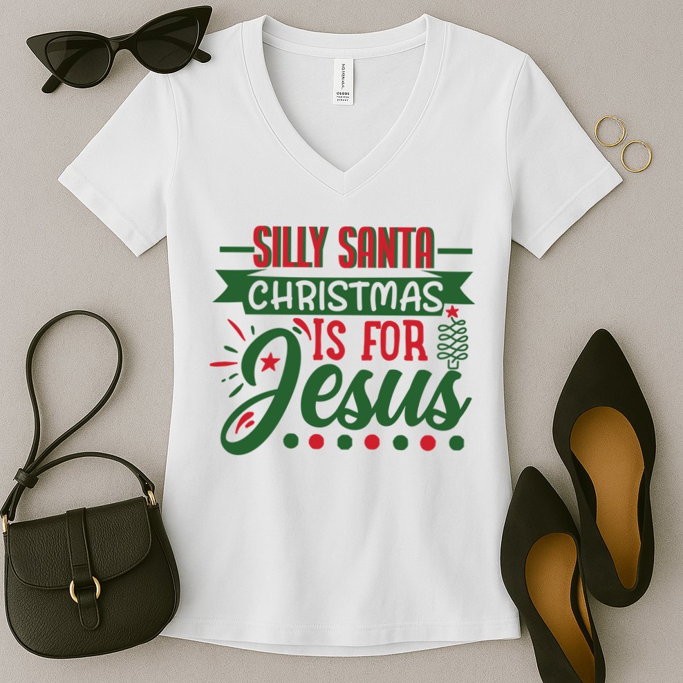 Silly Santa Christmas Is For Jesus Holiday Women's V-Neck T-Shirt