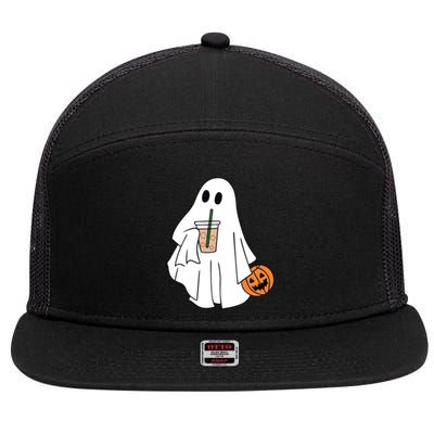 Spooky Season Cute Little Ghost Ice Coffee Halloween Costume Cool Gift 7 Panel Mesh Trucker Snapback Hat