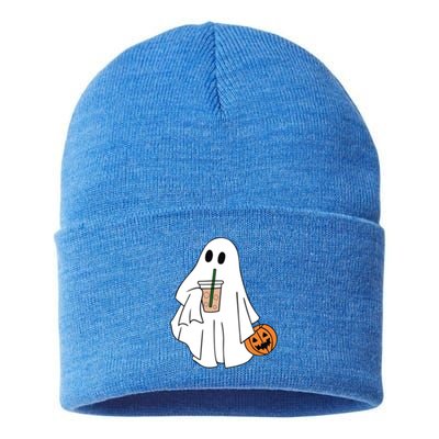 Spooky Season Cute Little Ghost Ice Coffee Halloween Costume Cool Gift Sustainable Knit Beanie