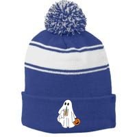 Spooky Season Cute Little Ghost Ice Coffee Halloween Costume Cool Gift Stripe Pom Pom Beanie