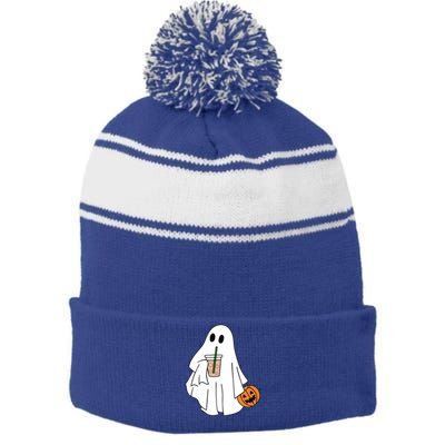 Spooky Season Cute Little Ghost Ice Coffee Halloween Costume Cool Gift Stripe Pom Pom Beanie