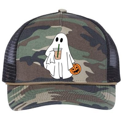 Spooky Season Cute Little Ghost Ice Coffee Halloween Costume Cool Gift Retro Rope Trucker Hat Cap