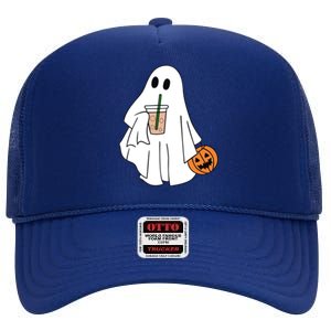 Spooky Season Cute Little Ghost Ice Coffee Halloween Costume Cool Gift High Crown Mesh Back Trucker Hat