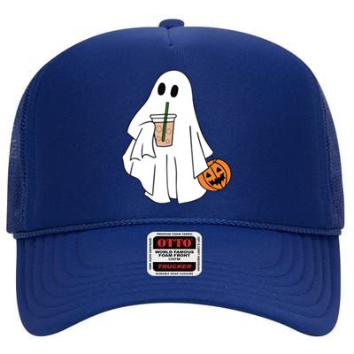 Spooky Season Cute Little Ghost Ice Coffee Halloween Costume Cool Gift High Crown Mesh Back Trucker Hat