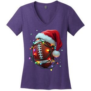 Santa Sports Christmas Football Player Women's V-Neck T-Shirt