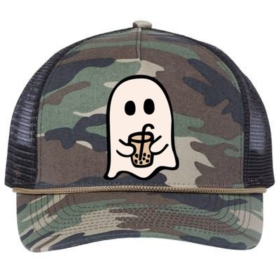 Spooky Season Cute Little Ghost Ice Coffee Halloween Funny Gift Retro Rope Trucker Hat Cap