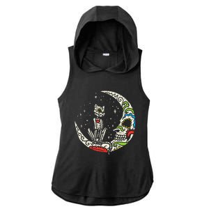 Sugar Skull Cat Moon Dia De Los Muertos Halloween Costume Ladies PosiCharge Tri-Blend Wicking Draft Hoodie Tank