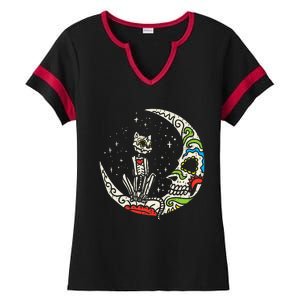 Sugar Skull Cat Moon Dia De Los Muertos Halloween Costume Ladies Halftime Notch Neck Tee