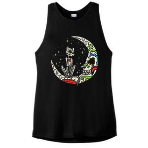 Sugar Skull Cat Moon Dia De Los Muertos Halloween Costume Ladies PosiCharge Tri-Blend Wicking Tank