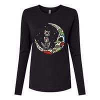 Sugar Skull Cat Moon Dia De Los Muertos Halloween Costume Womens Cotton Relaxed Long Sleeve T-Shirt