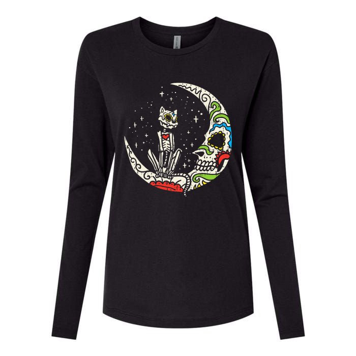 Sugar Skull Cat Moon Dia De Los Muertos Halloween Costume Womens Cotton Relaxed Long Sleeve T-Shirt