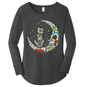 Sugar Skull Cat Moon Dia De Los Muertos Halloween Costume Women's Perfect Tri Tunic Long Sleeve Shirt