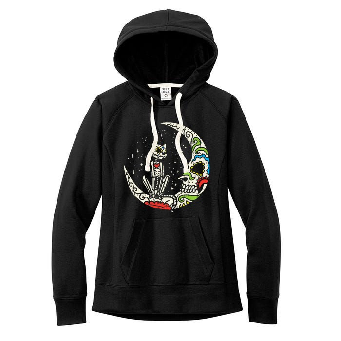 Sugar Skull Cat Moon Dia De Los Muertos Halloween Costume Women's Fleece Hoodie