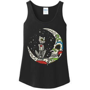 Sugar Skull Cat Moon Dia De Los Muertos Halloween Costume Ladies Essential Tank