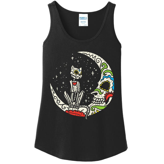 Sugar Skull Cat Moon Dia De Los Muertos Halloween Costume Ladies Essential Tank