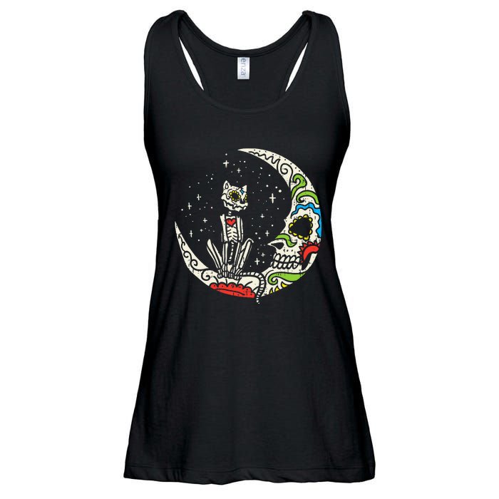 Sugar Skull Cat Moon Dia De Los Muertos Halloween Costume Ladies Essential Flowy Tank