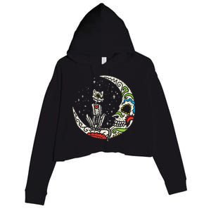 Sugar Skull Cat Moon Dia De Los Muertos Halloween Costume Crop Fleece Hoodie