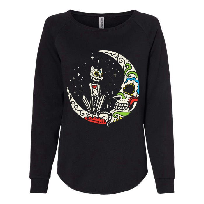 Sugar Skull Cat Moon Dia De Los Muertos Halloween Costume Womens California Wash Sweatshirt