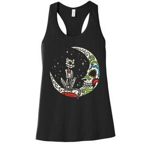 Sugar Skull Cat Moon Dia De Los Muertos Halloween Costume Women's Racerback Tank