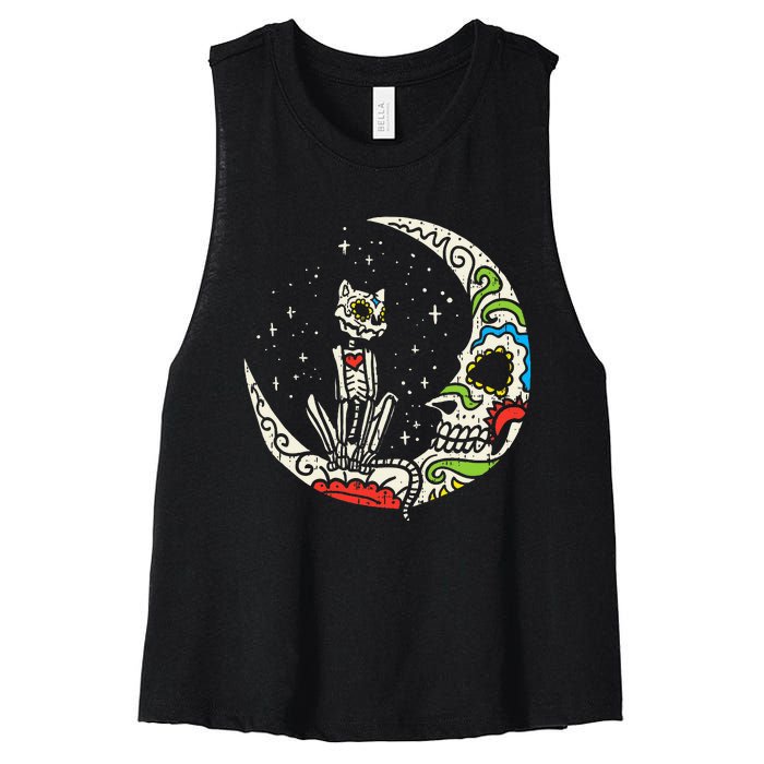 Sugar Skull Cat Moon Dia De Los Muertos Halloween Costume Women's Racerback Cropped Tank