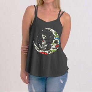 Sugar Skull Cat Moon Dia De Los Muertos Halloween Costume Women's Strappy Tank