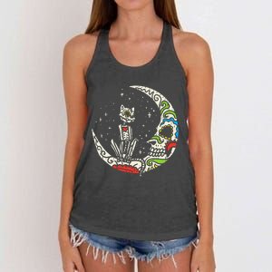 Sugar Skull Cat Moon Dia De Los Muertos Halloween Costume Women's Knotted Racerback Tank