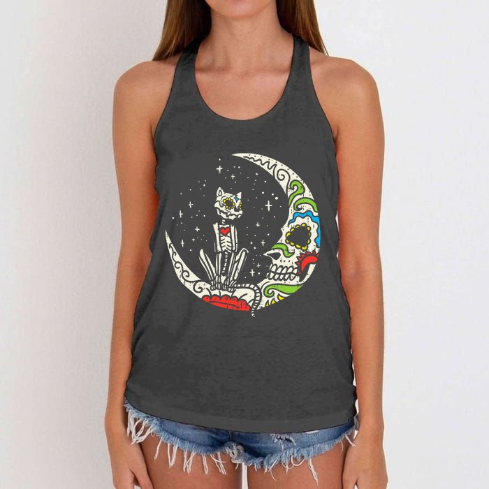 Sugar Skull Cat Moon Dia De Los Muertos Halloween Costume Women's Knotted Racerback Tank