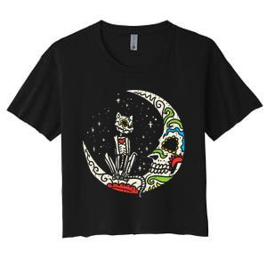 Sugar Skull Cat Moon Dia De Los Muertos Halloween Costume Women's Crop Top Tee