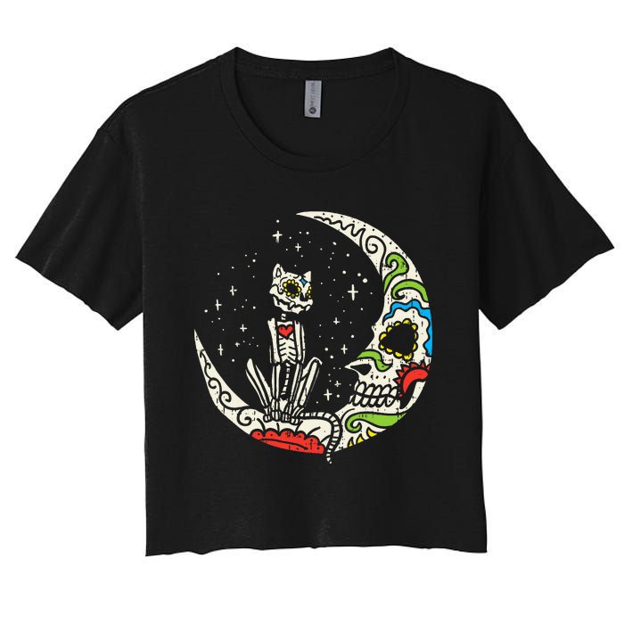 Sugar Skull Cat Moon Dia De Los Muertos Halloween Costume Women's Crop Top Tee