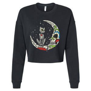 Sugar Skull Cat Moon Dia De Los Muertos Halloween Costume Cropped Pullover Crew