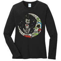 Sugar Skull Cat Moon Dia De Los Muertos Halloween Costume Ladies Long Sleeve Shirt