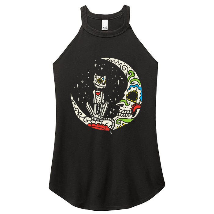 Sugar Skull Cat Moon Dia De Los Muertos Halloween Costume Women's Perfect Tri Rocker Tank