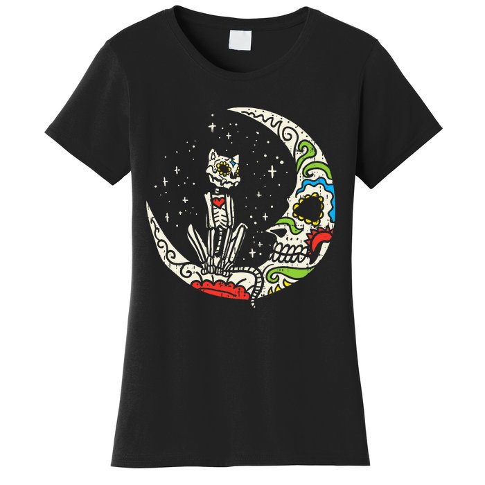 Sugar Skull Cat Moon Dia De Los Muertos Halloween Costume Women's T-Shirt