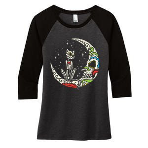 Sugar Skull Cat Moon Dia De Los Muertos Halloween Costume Women's Tri-Blend 3/4-Sleeve Raglan Shirt