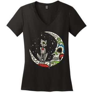 Sugar Skull Cat Moon Dia De Los Muertos Halloween Costume Women's V-Neck T-Shirt