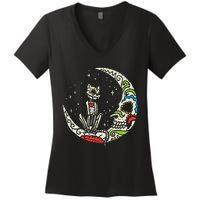 Sugar Skull Cat Moon Dia De Los Muertos Halloween Costume Women's V-Neck T-Shirt