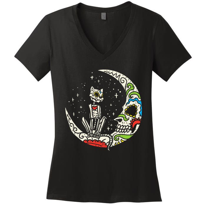 Sugar Skull Cat Moon Dia De Los Muertos Halloween Costume Women's V-Neck T-Shirt