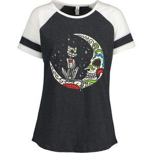 Sugar Skull Cat Moon Dia De Los Muertos Halloween Costume Enza Ladies Jersey Colorblock Tee