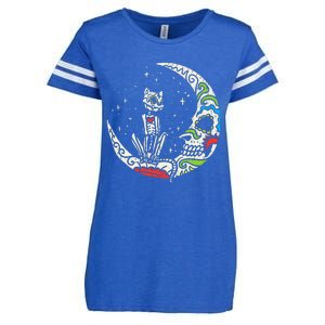 Sugar Skull Cat Moon Dia De Los Muertos Halloween Costume Enza Ladies Jersey Football T-Shirt