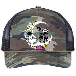 Sugar Skull Cat Moon Dia De Los Muertos Mexican Day Of Dead Retro Rope Trucker Hat Cap