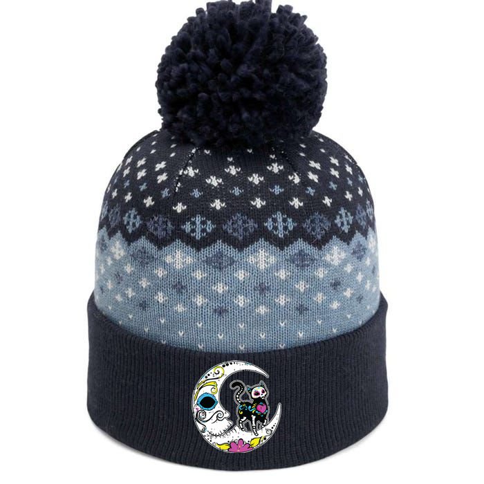 Sugar Skull Cat Moon Dia De Los Muertos Mexican Day Of Dead The Baniff Cuffed Pom Beanie